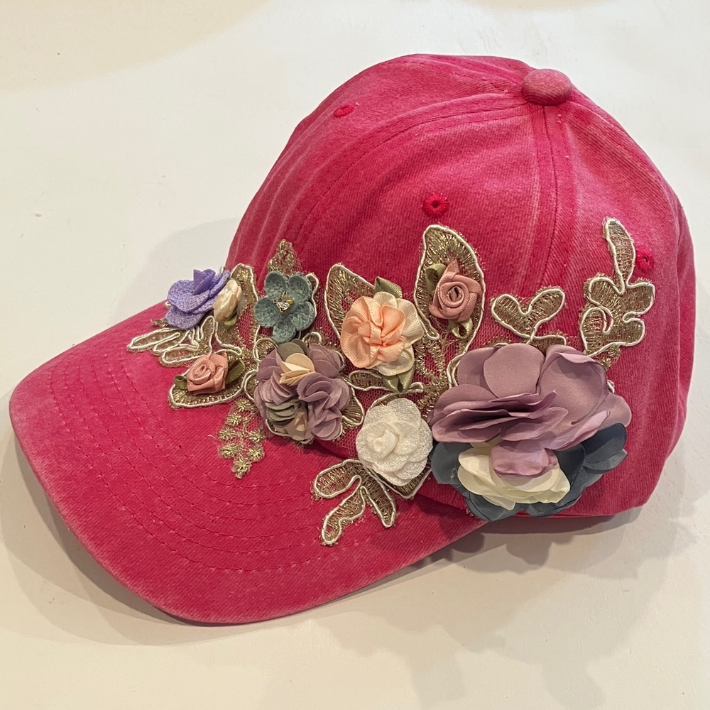 Floral Embellished Pink Baseball Cap